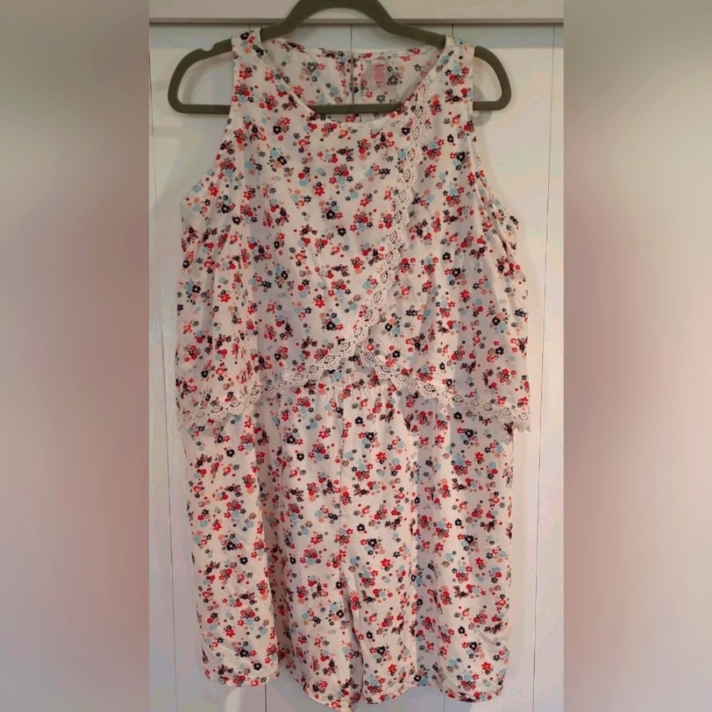 Justice Girls Floral Sleeveless Romper Lace White Red Blue Size 20 Cottagecore‎